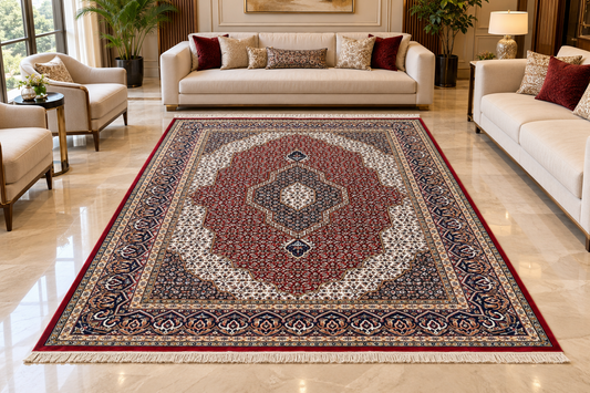 Roya red Persian medallion machine-made polyester carpet, view 2