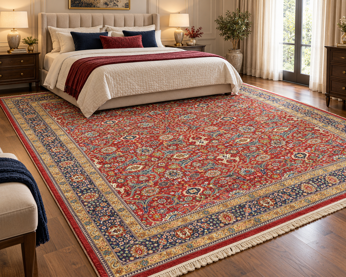 Roshan red and navy Persian floral machine-made polyester carpet, view 4