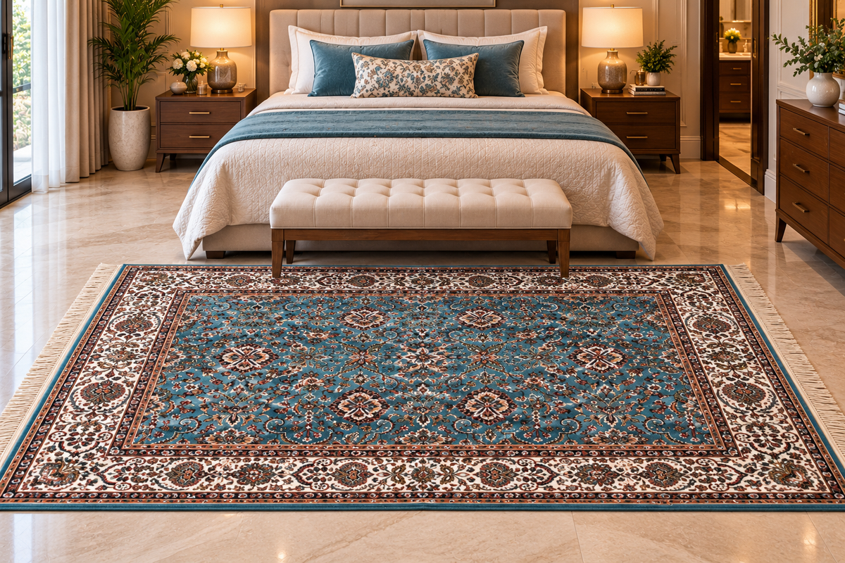 Nilufar aqua and beige Persian floral machine-made polyester carpet, view 6