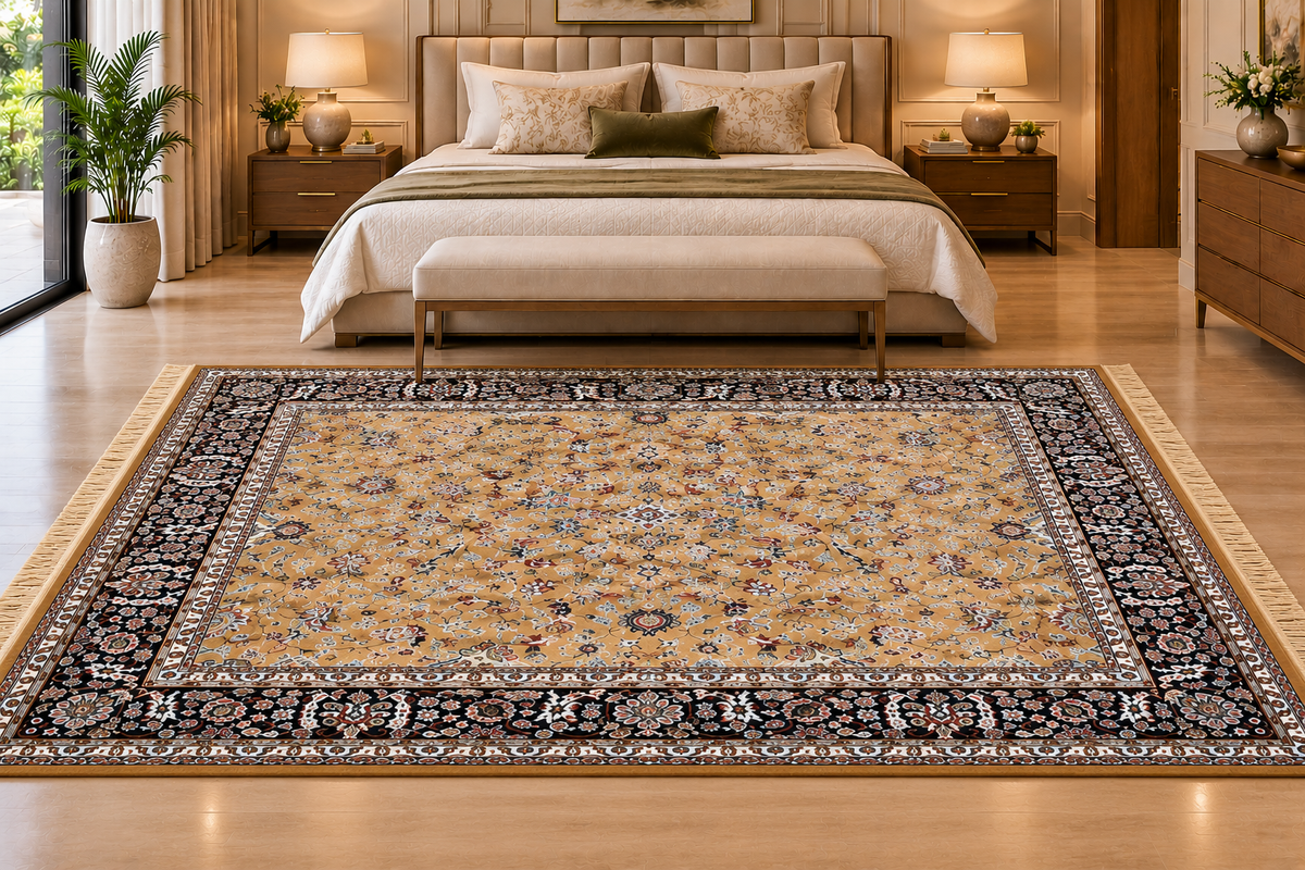 Tilla gold and navy Persian floral machine-made viscose carpet, view 4