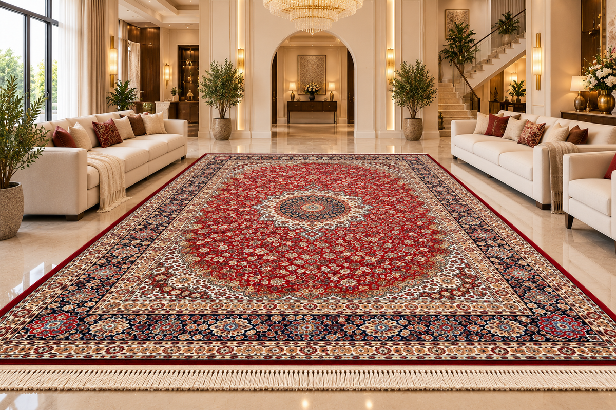 Gulnar red and navy Persian medallion machine-made polyester carpet, view 2