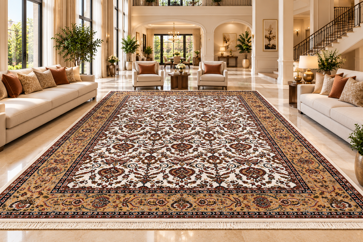 Sepideh beige and gold Persian floral machine-made polyester carpet, view 5