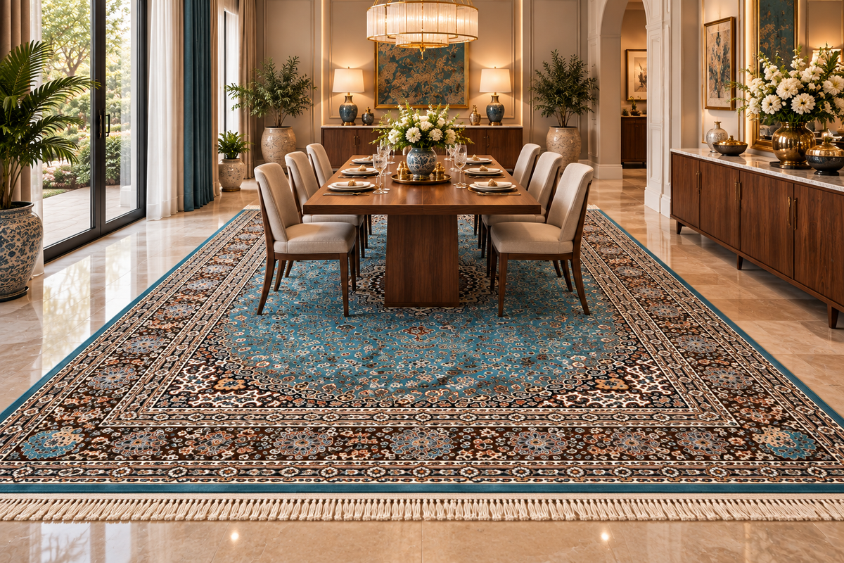 Nasrin aqua and brown Persian medallion machine-made polyester carpet, view 4