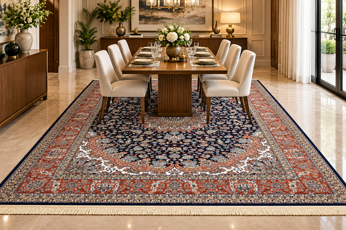 Behnaz navy and rust Persian medallion machine-made viscose carpet, view 5