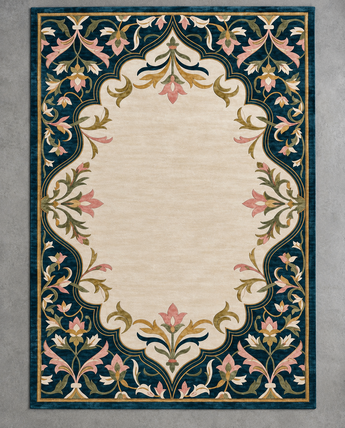 Gulbahar teal and cream floral border hand tufted wool rug, view 2