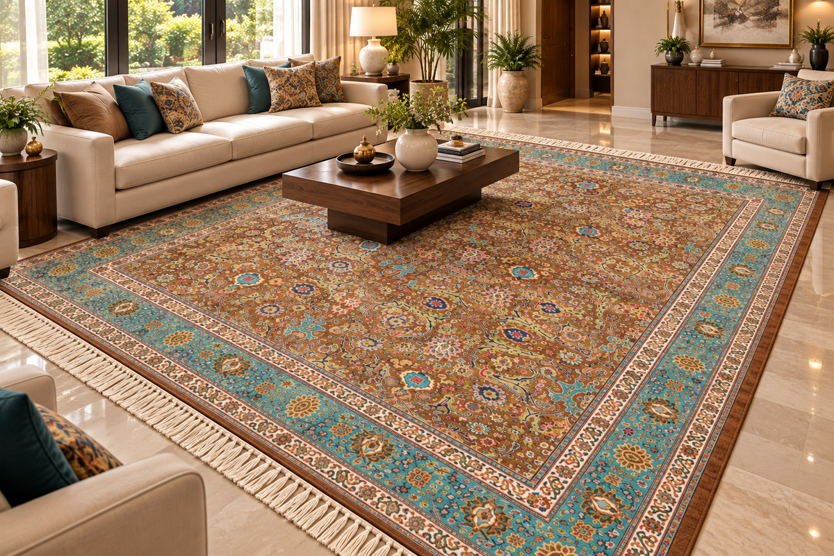 Parisa brown and aqua Persian floral machine-made polyester carpet, view 5