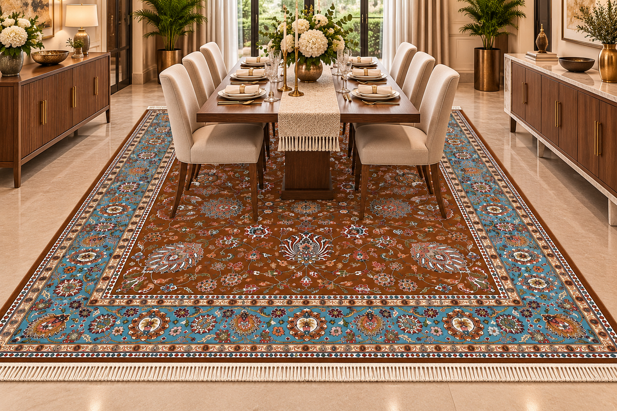 Mahnaz brown and aqua Persian floral machine-made polyester carpet, view 3