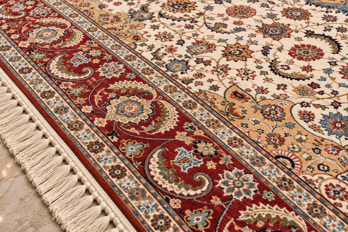 Shirin beige and red Persian medallion machine-made polyester carpet, view 4