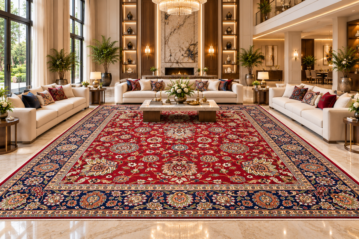 Tara red and navy Persian floral machine-made polyester carpet, view 5