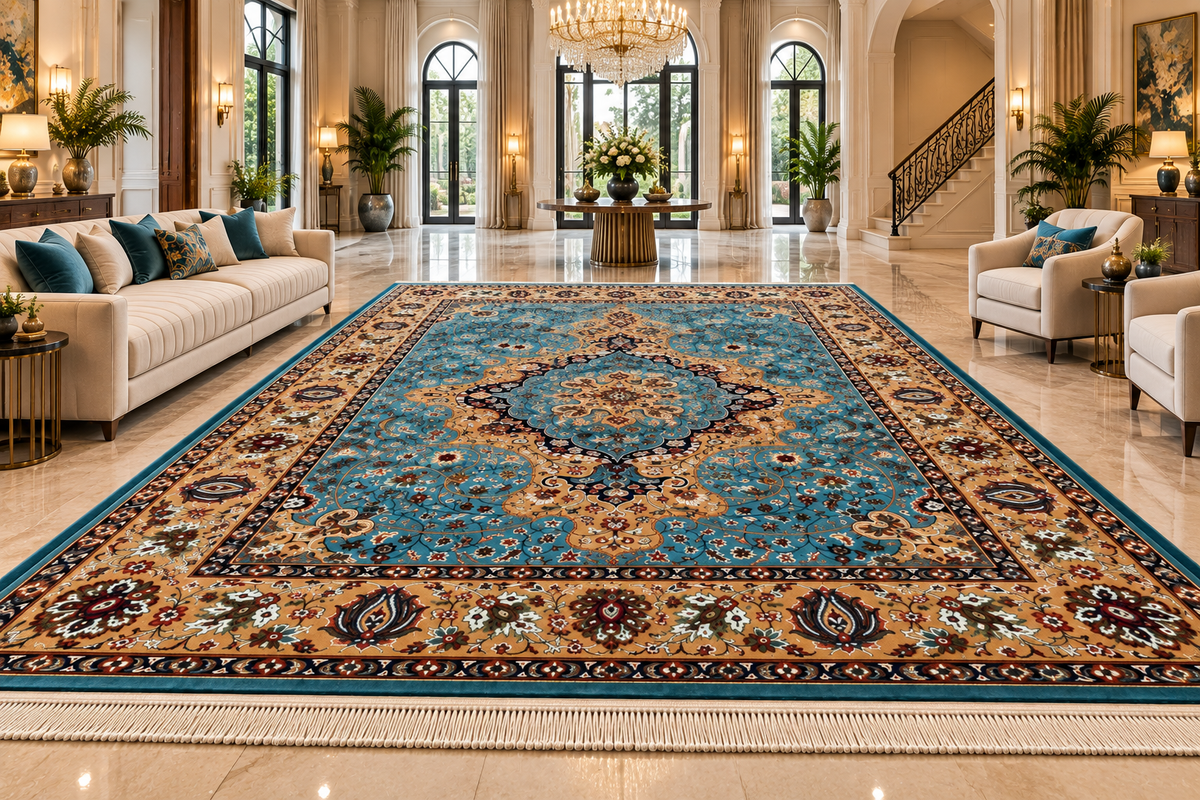 Firoza aqua and gold Persian medallion machine-made polyester carpet, view 5