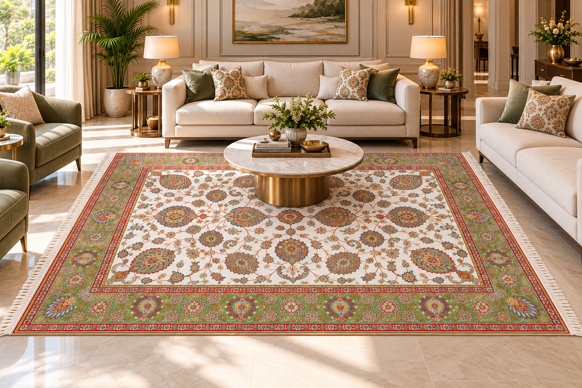 Golnaz white and green Persian floral machine-made polyester carpet, view 3