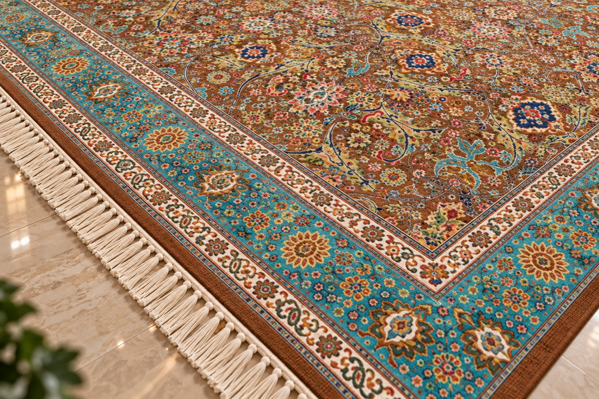 Parisa brown and aqua Persian floral machine-made polyester carpet, view 6