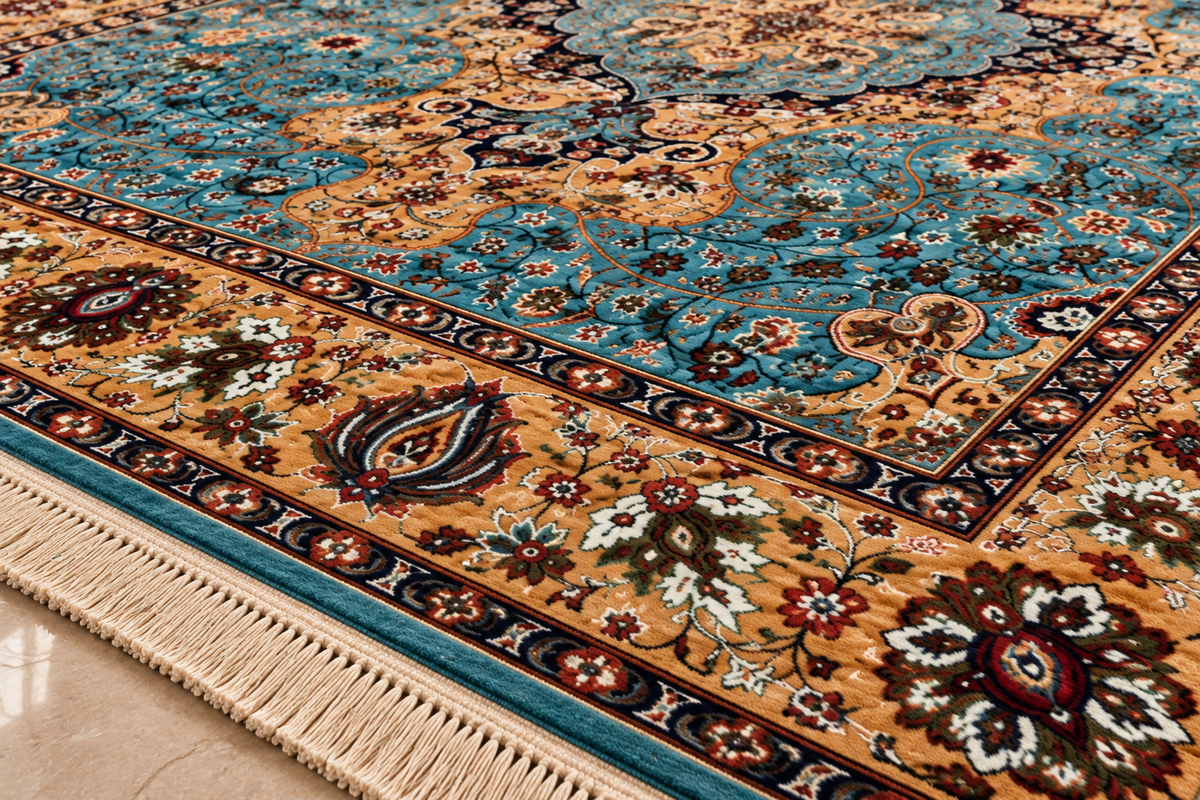 Firoza aqua and gold Persian medallion machine-made polyester carpet, view 6