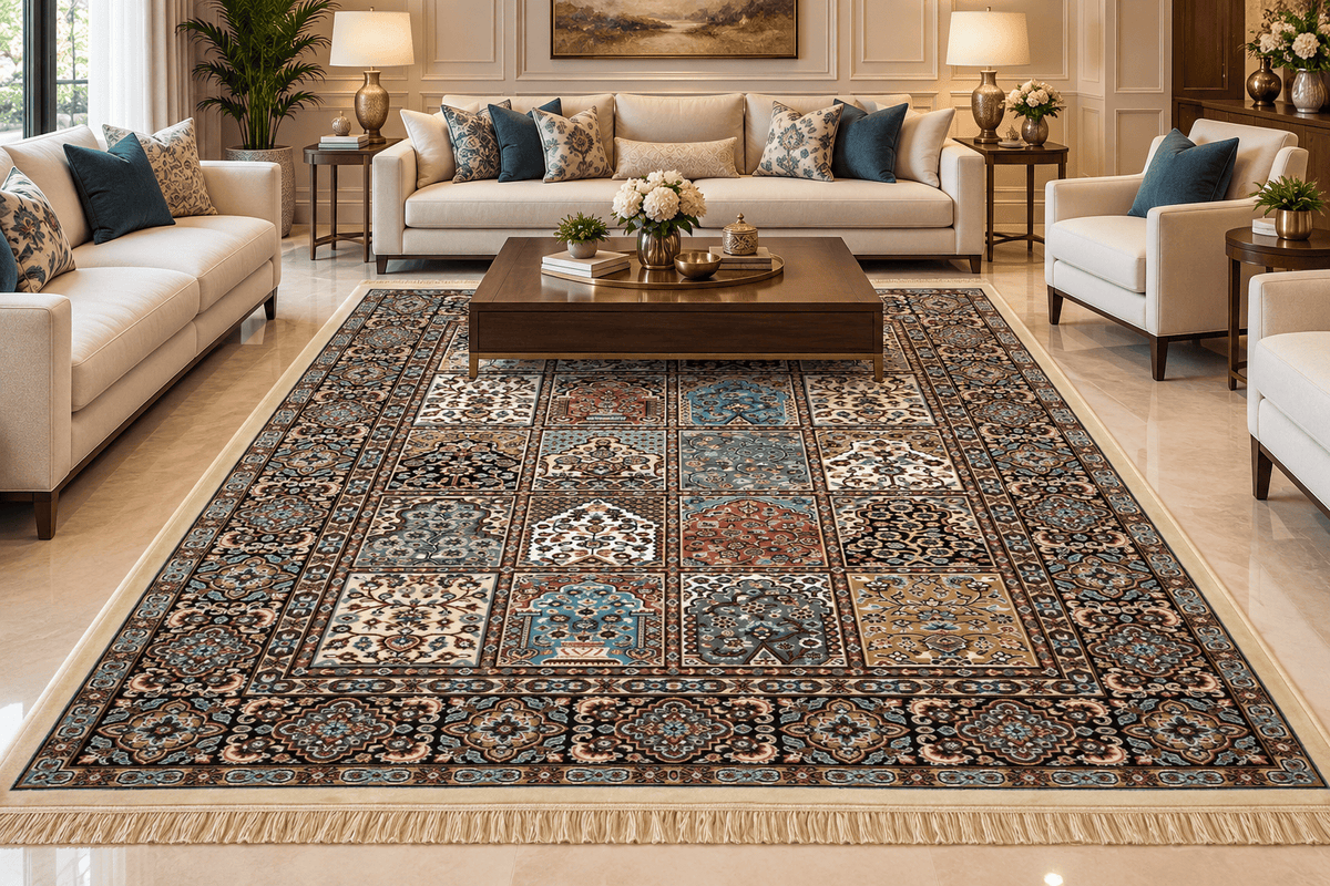 Bostan cream Persian garden panel machine-made viscose carpet, view 5