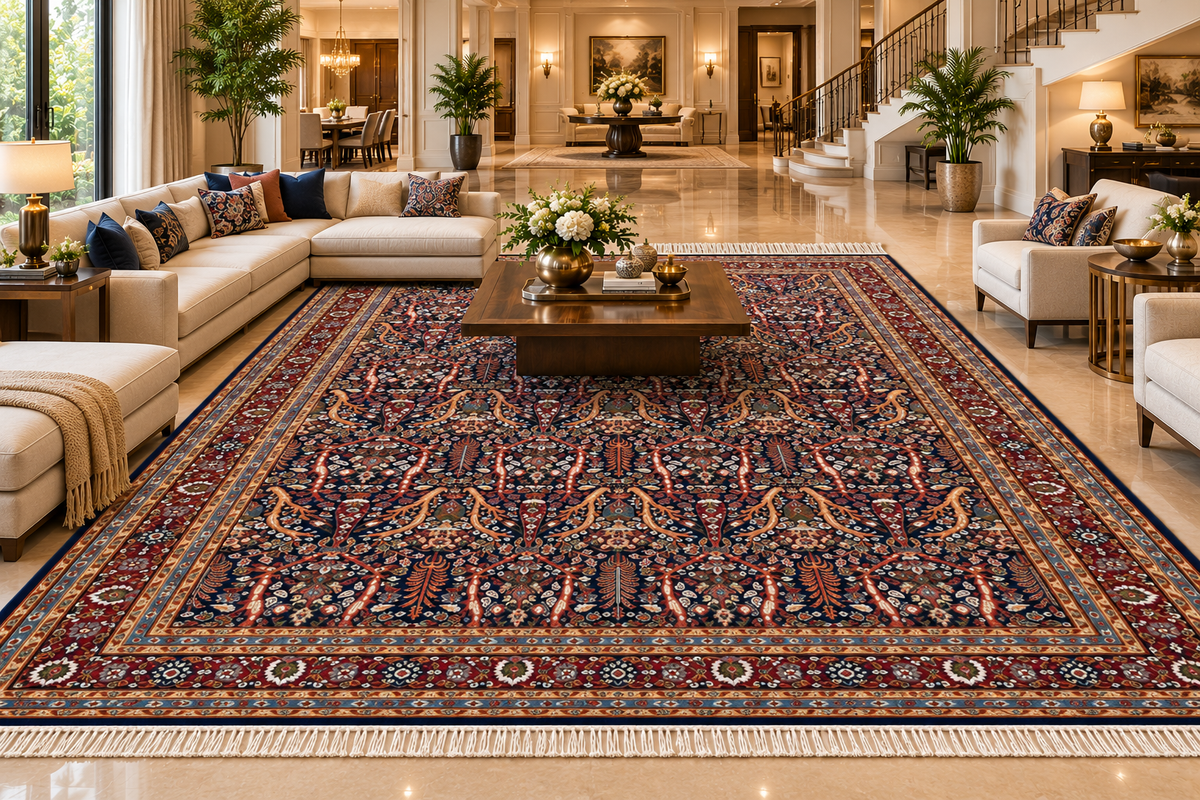 Daria navy Persian garden machine-made polyester carpet, view 5