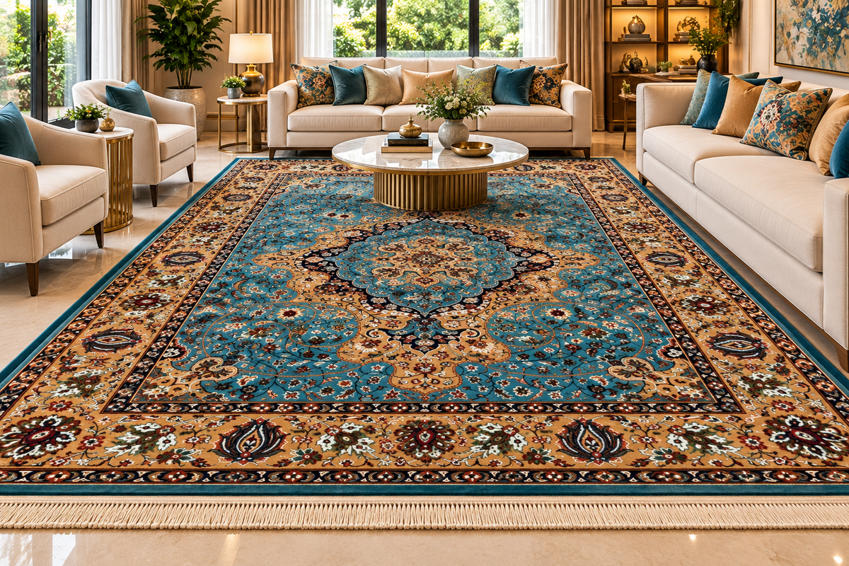 Firoza aqua and gold Persian medallion machine-made polyester carpet, view 3