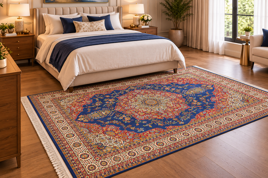 Mahsa navy and white Persian medallion machine-made polyester carpet, view 2
