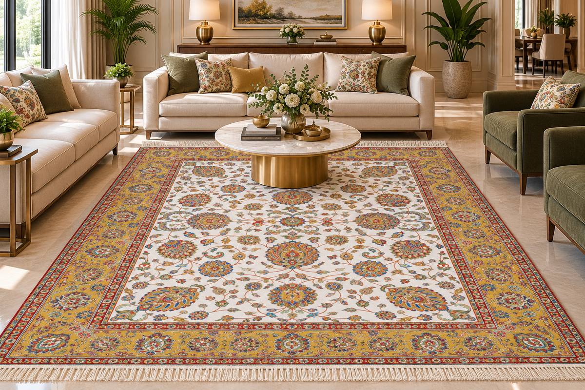 Tala white and gold Persian floral machine-made polyester carpet, view 2