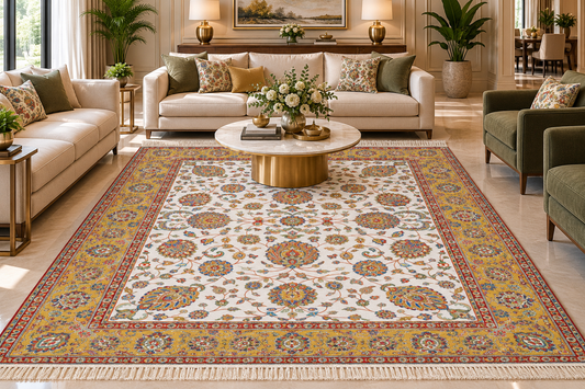 Tala white and gold Persian floral machine-made polyester carpet, view 2