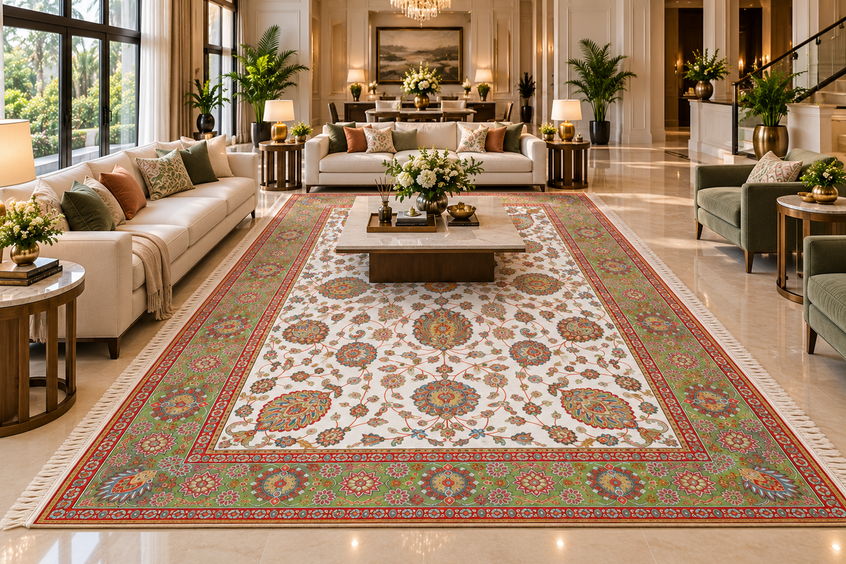 Golnaz white and green Persian floral machine-made polyester carpet, view 5