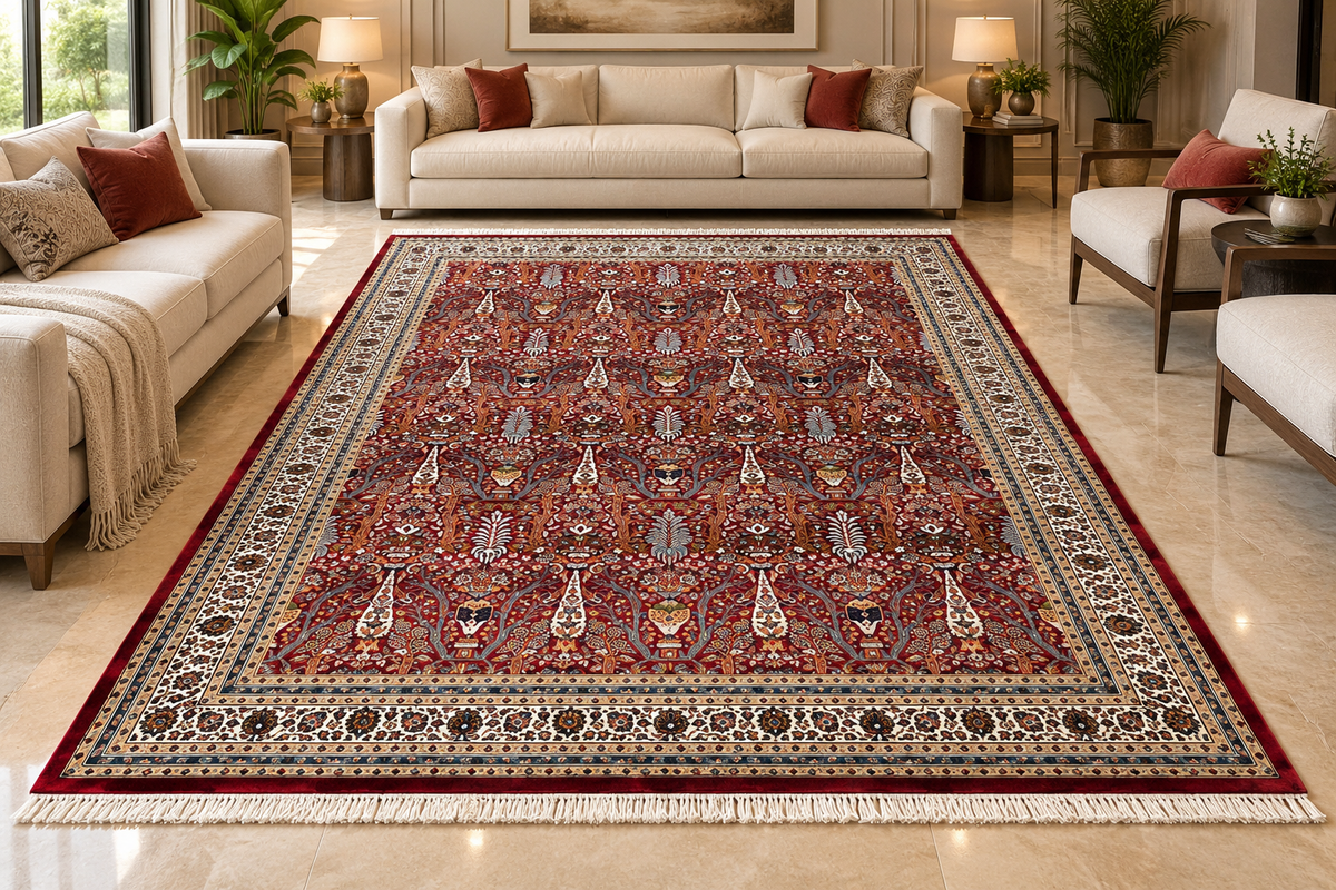 Pardis red Persian garden machine-made polyester carpet, view 2