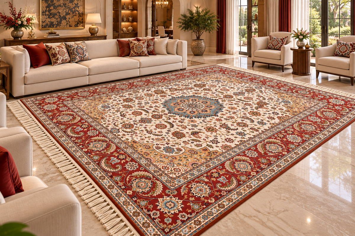 Shirin beige and red Persian medallion machine-made polyester carpet, view 3