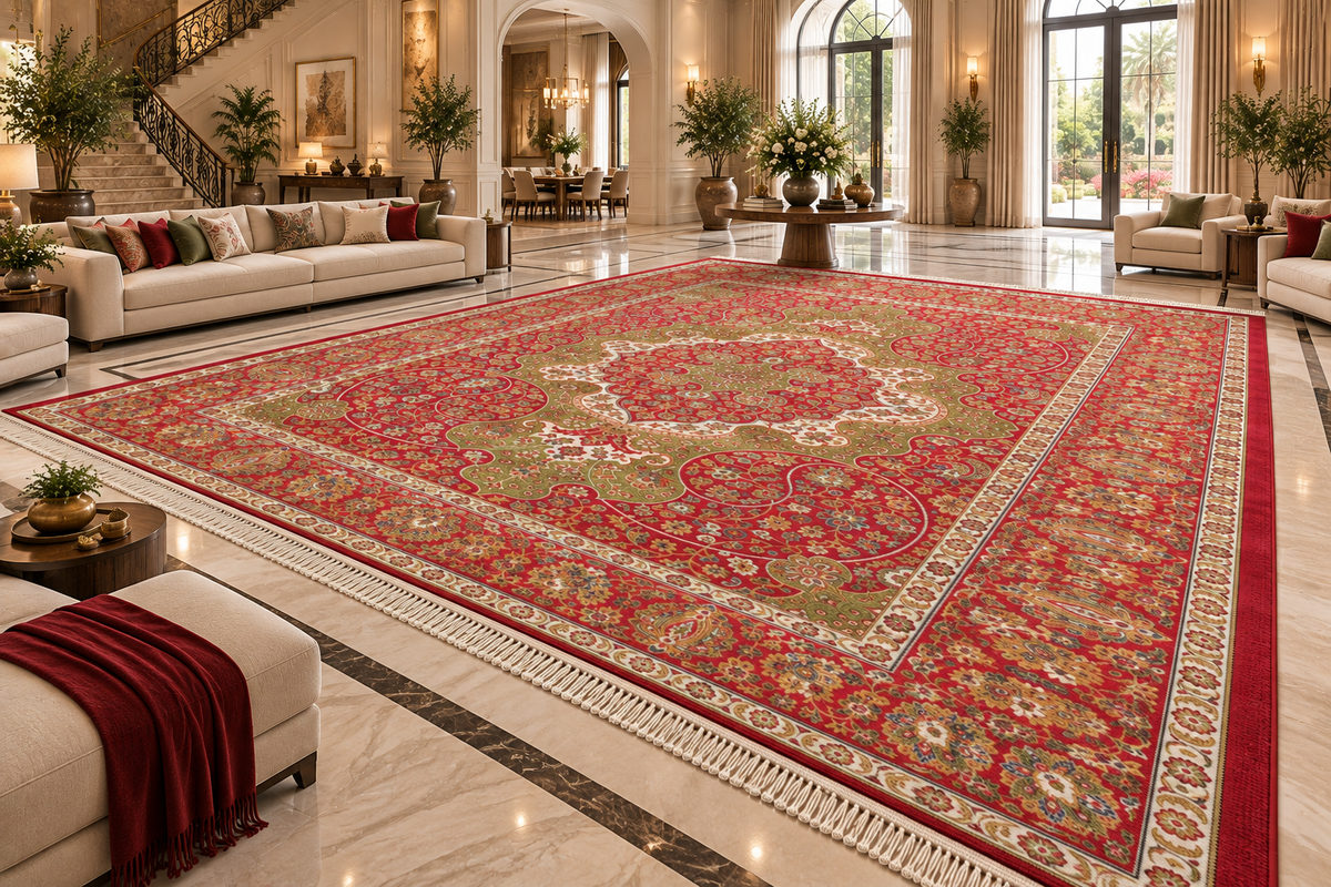 Laleh red and green Persian medallion machine-made polyester carpet, view 4