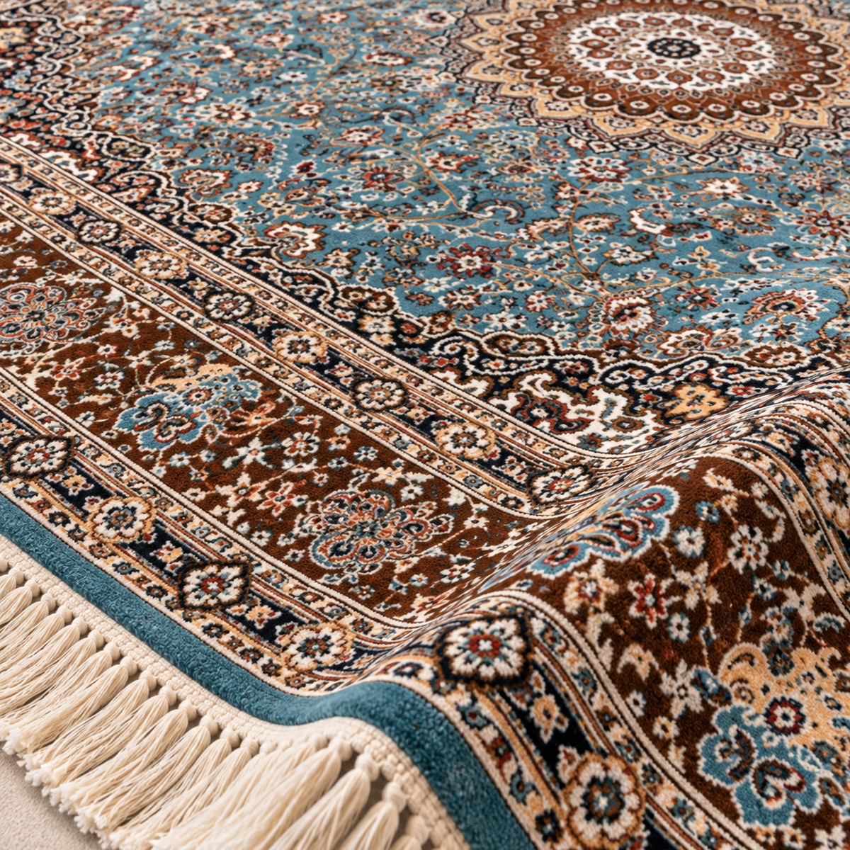 Nasrin aqua and brown Persian medallion machine-made polyester carpet, view 6