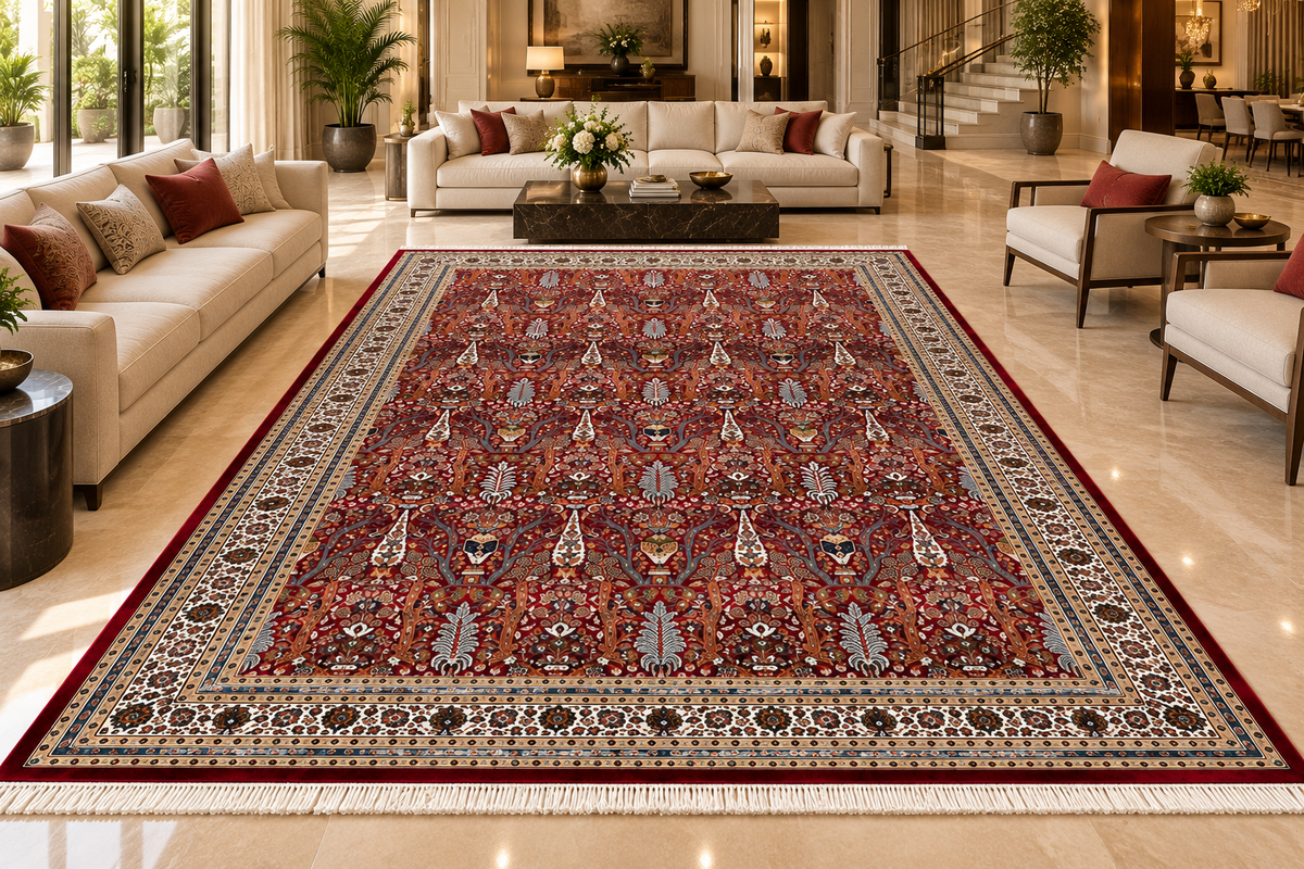 Pardis red Persian garden machine-made polyester carpet, view 4