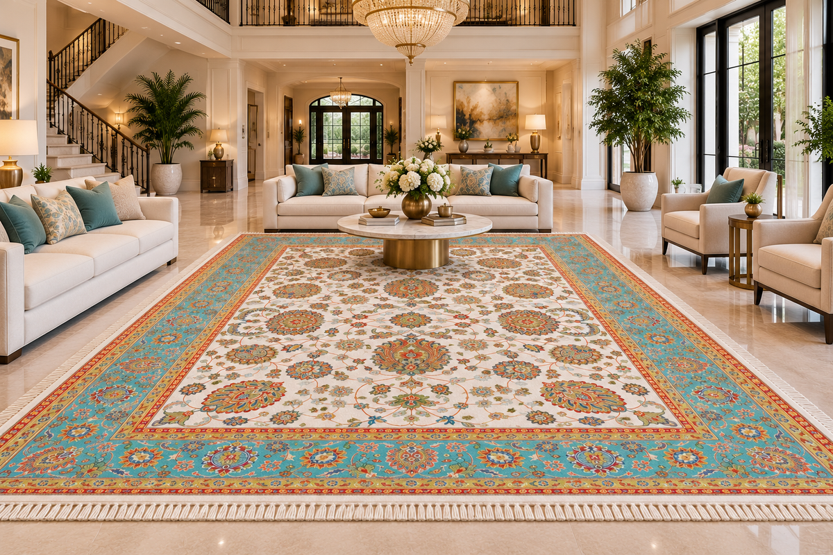 Zohreh white and aqua Persian floral machine-made polyester carpet, view 3
