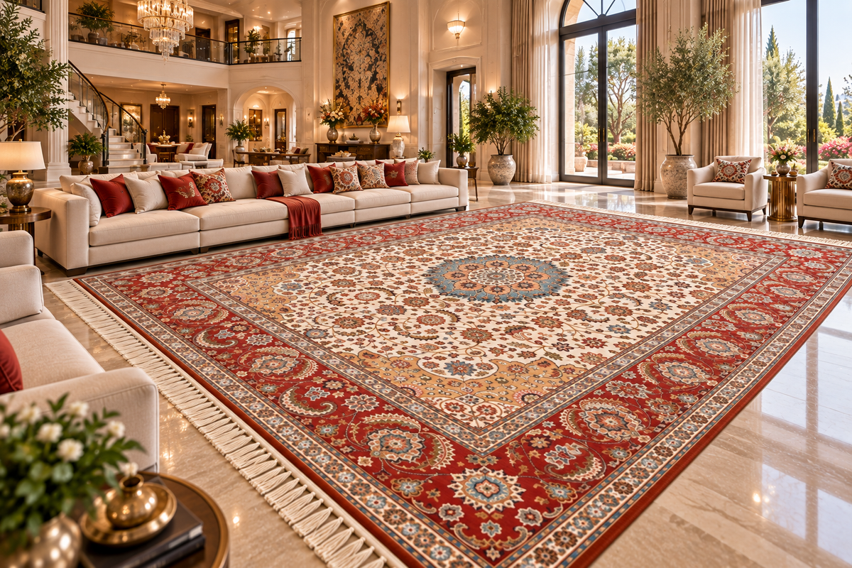 Shirin beige and red Persian medallion machine-made polyester carpet, view 5