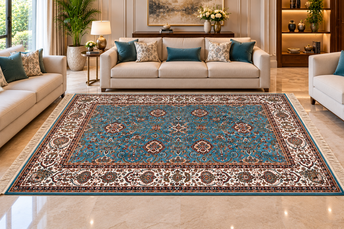 Nilufar aqua and beige Persian floral machine-made polyester carpet, view 3