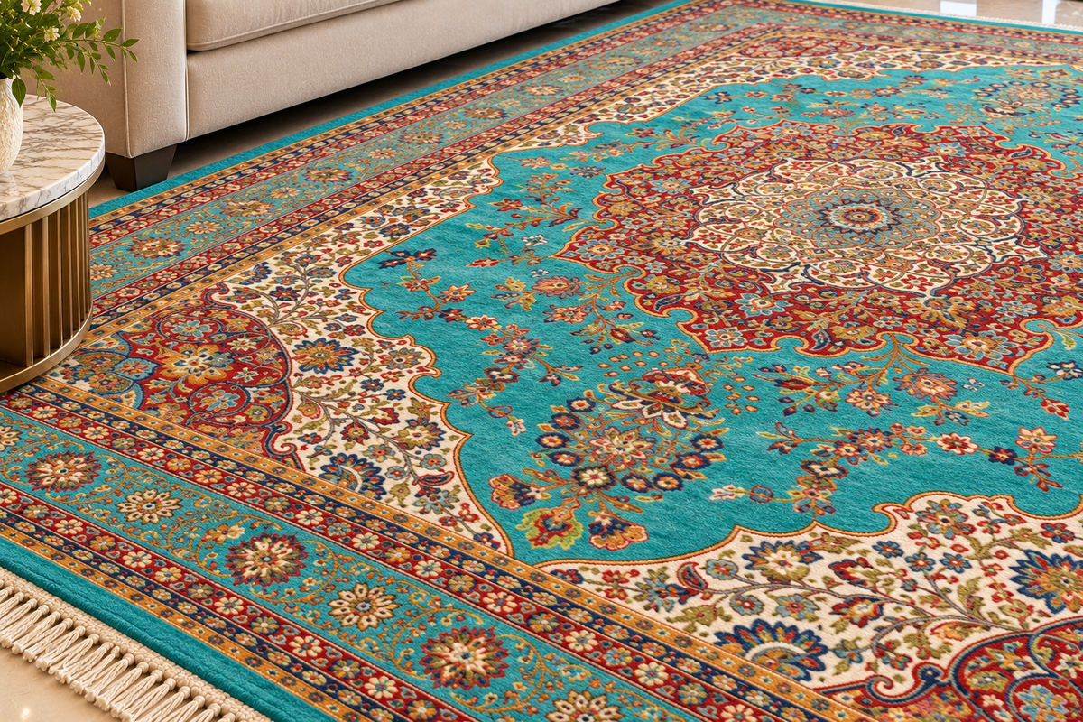 Ghazal turquoise Persian medallion machine-made polyester carpet, view 6