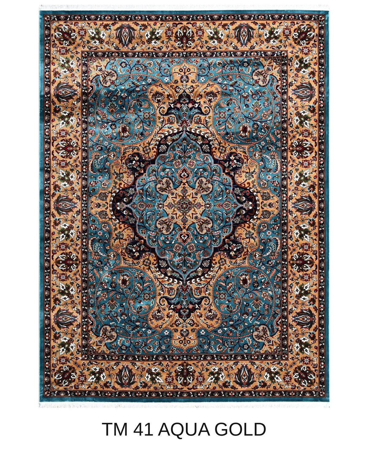 Firoza aqua and gold Persian medallion machine-made polyester carpet, full view