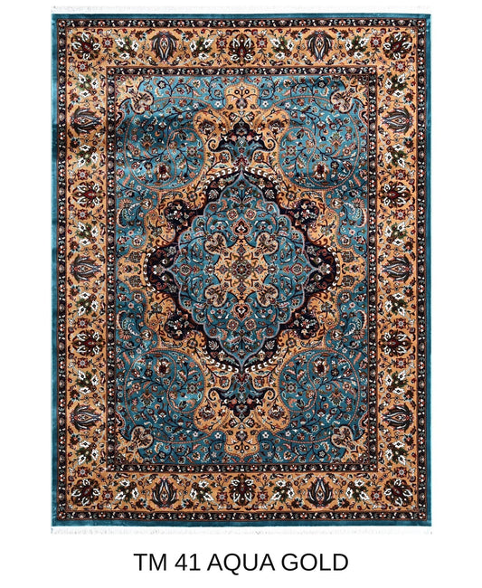 Firoza aqua and gold Persian medallion machine-made polyester carpet, full view