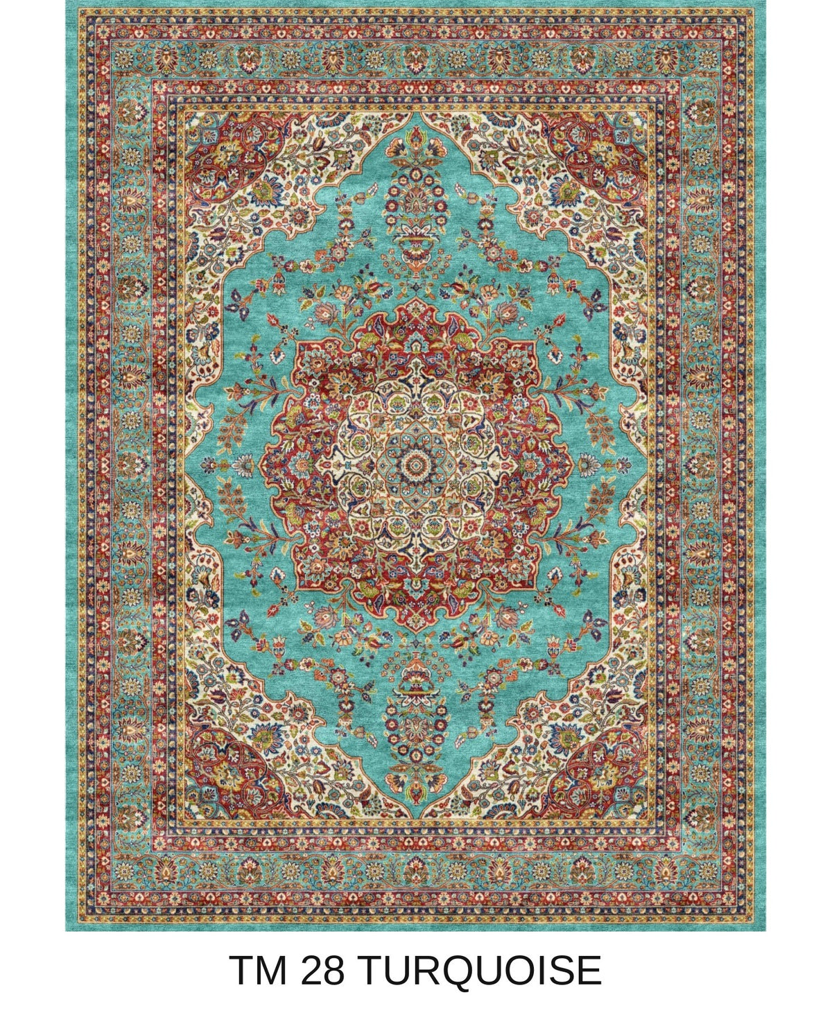 Ghazal turquoise Persian medallion machine-made polyester carpet, full view