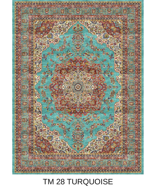 Ghazal turquoise Persian medallion machine-made polyester carpet, full view