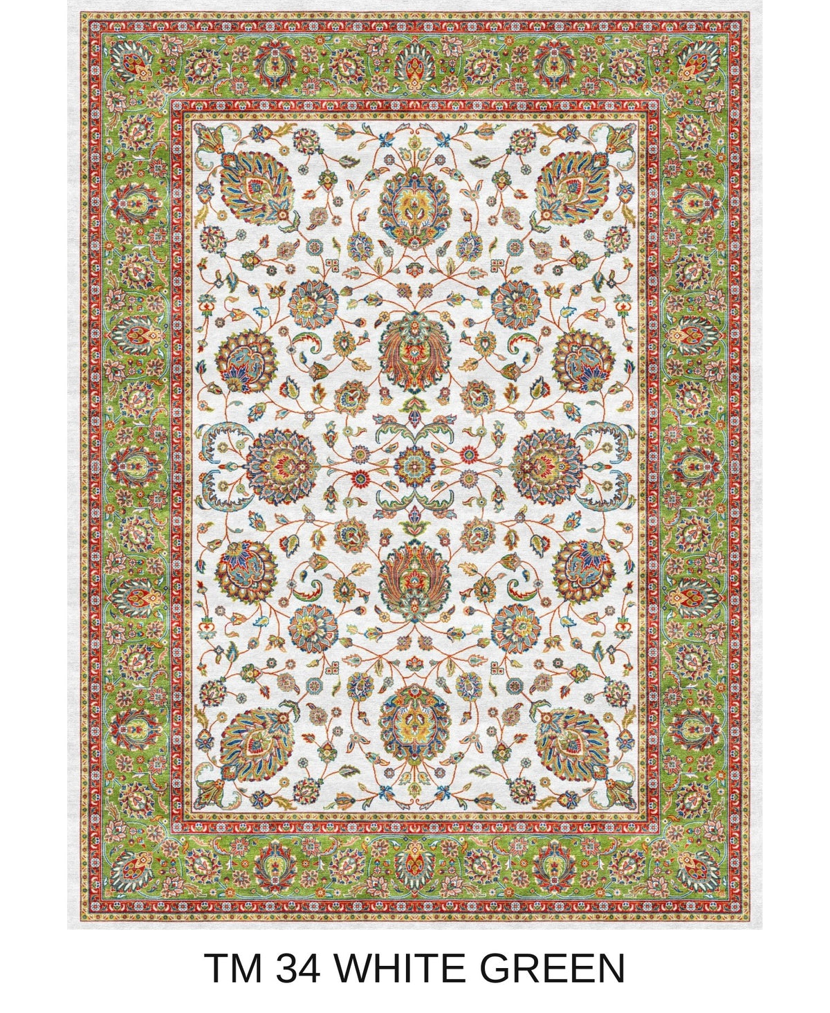 Golnaz white and green Persian floral machine-made polyester carpet, full view