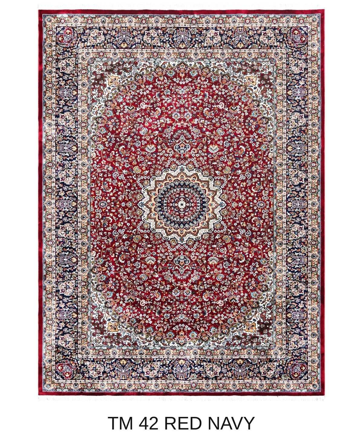 Gulnar red and navy Persian medallion machine-made polyester carpet, full view