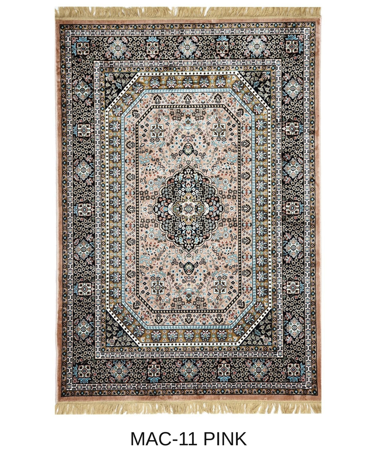 Gulnoosh pink and black Persian octagon medallion machine-made viscose carpet, full view