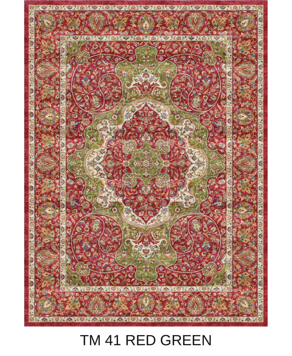 Laleh red and green Persian medallion machine-made polyester carpet, full view