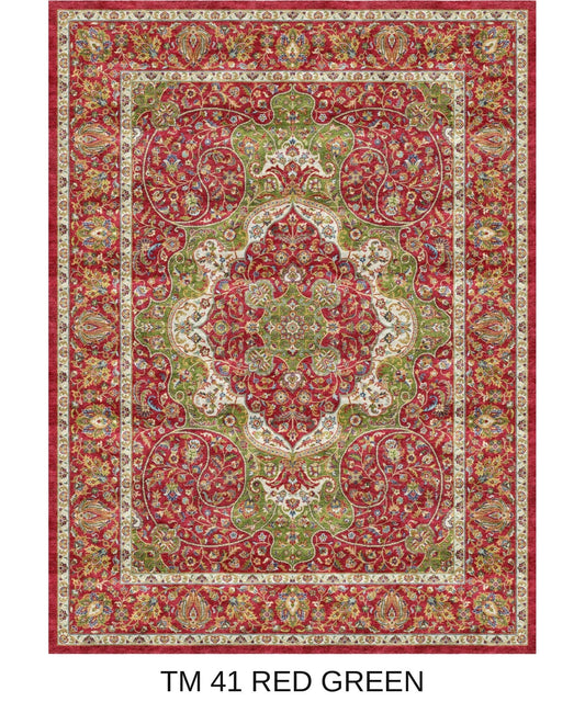 Laleh red and green Persian medallion machine-made polyester carpet, full view