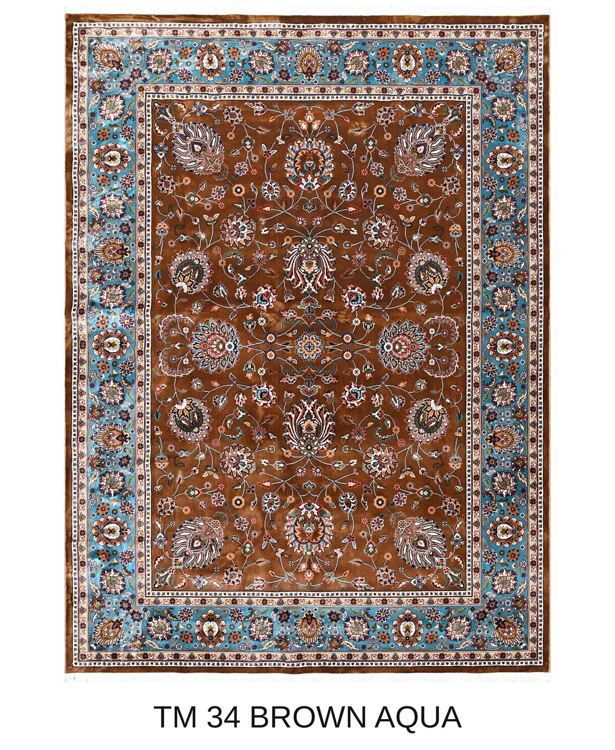 Mahnaz brown and aqua Persian floral machine-made polyester carpet, full view