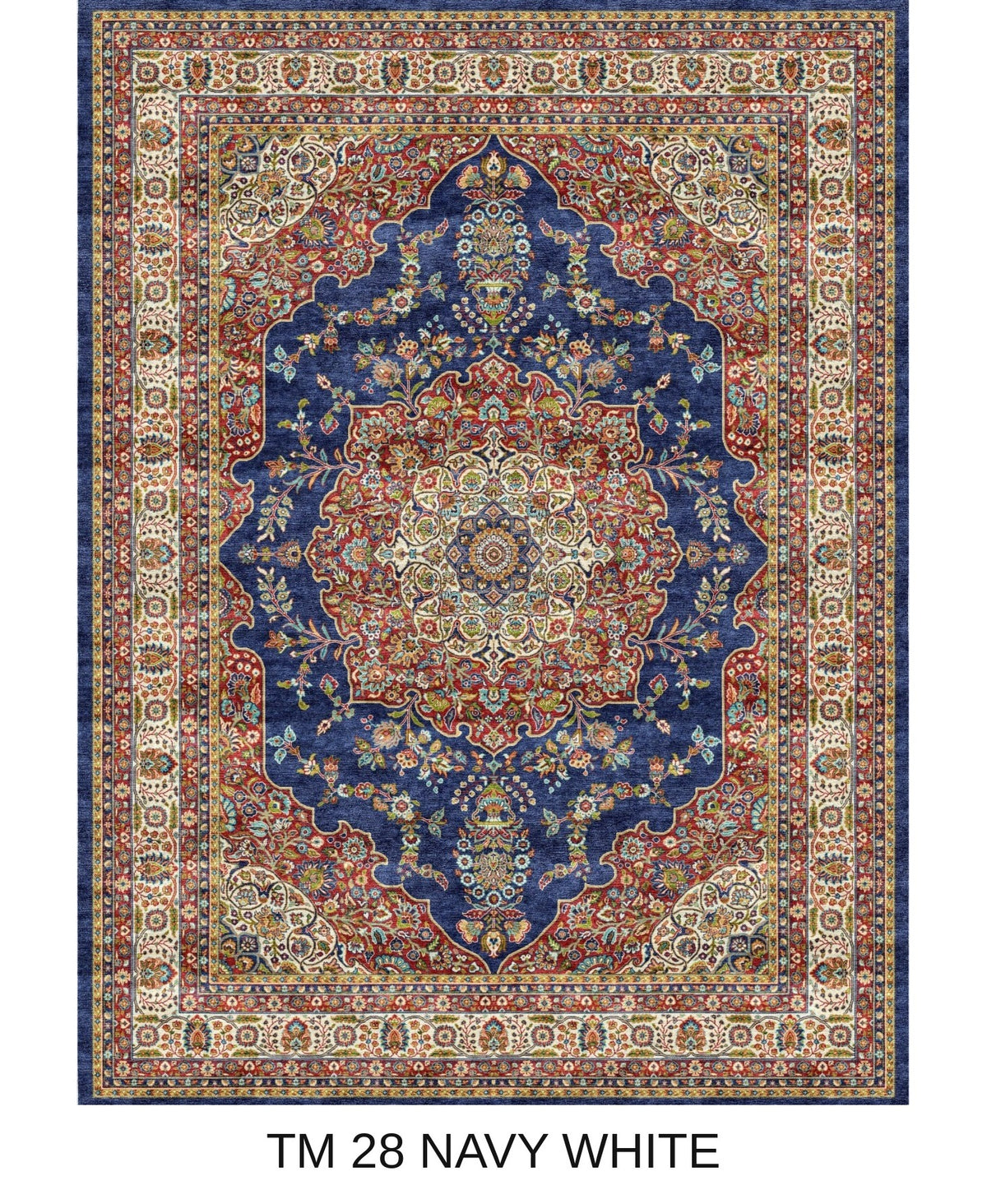 Mahsa navy and white Persian medallion machine-made polyester carpet, full view
