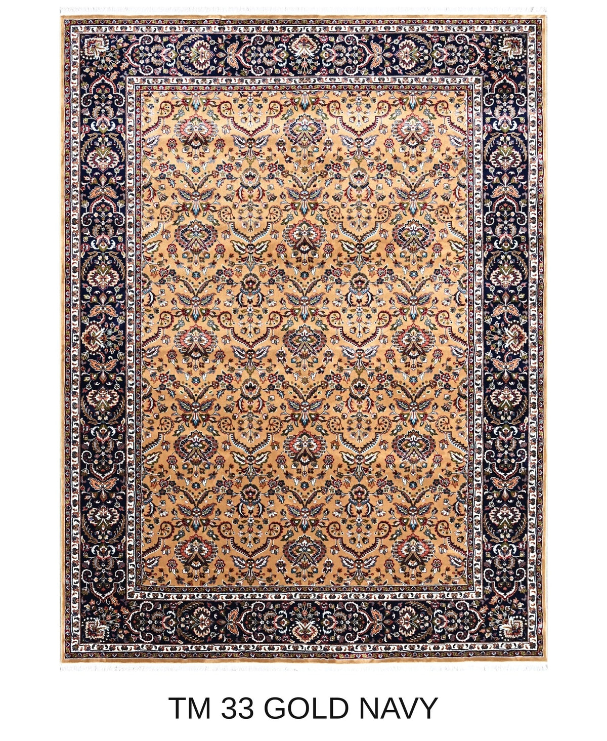Mitra gold and navy Persian floral machine-made polyester carpet, full view