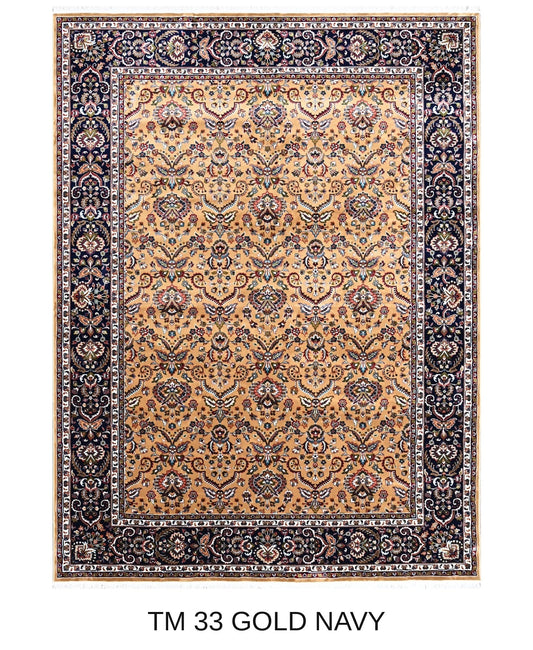 Mitra gold and navy Persian floral machine-made polyester carpet, full view