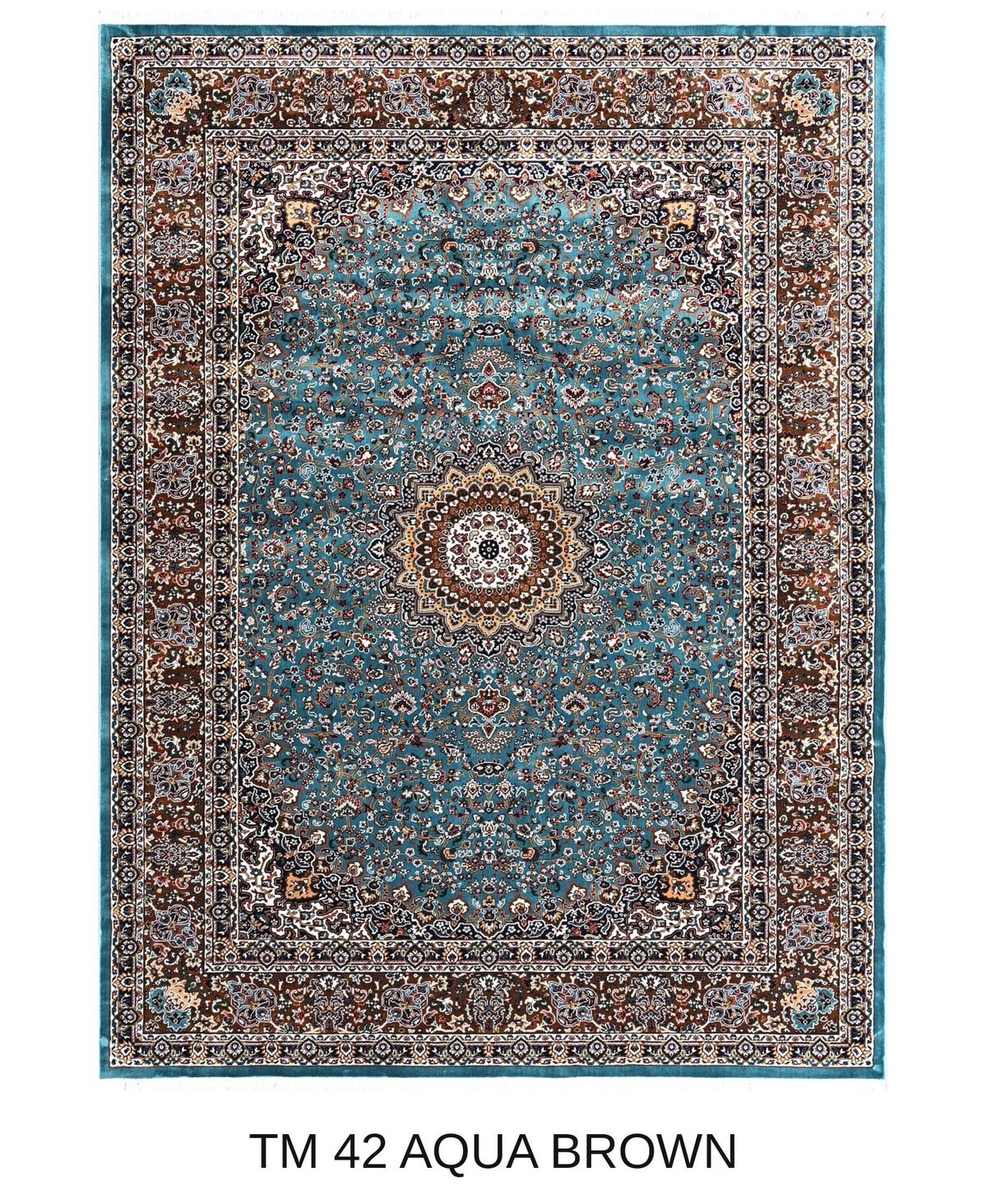 Nasrin aqua and brown Persian medallion machine-made polyester carpet, full view