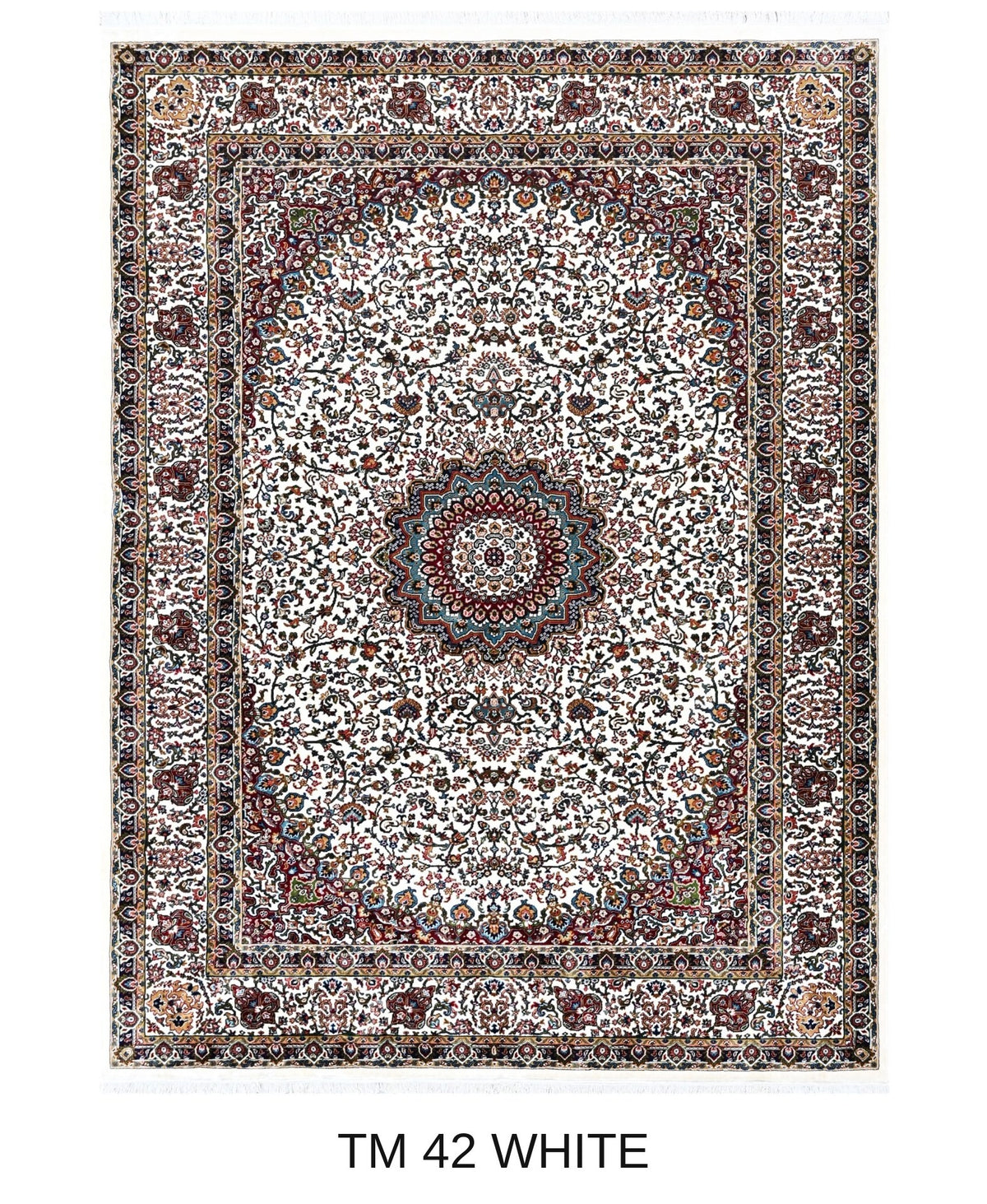 Negin white Persian medallion machine-made polyester carpet, full view