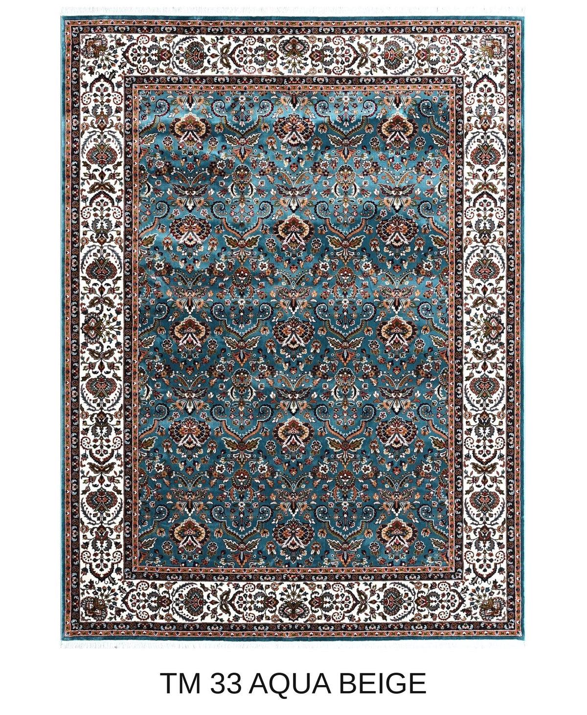 Nilufar aqua and beige Persian floral machine-made polyester carpet, full view