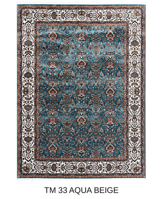 Nilufar aqua and beige Persian floral machine-made polyester carpet, full view